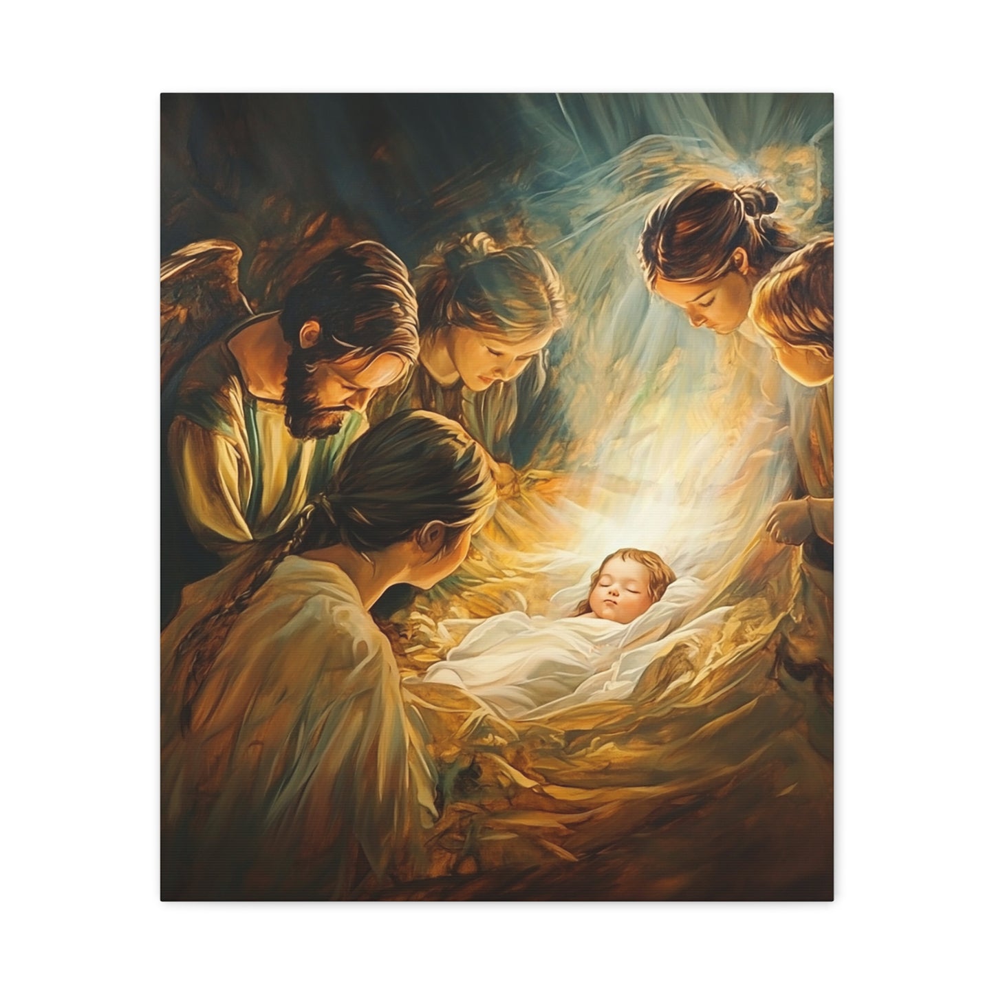 Jesus Nativity w Angels Catholic Canvas Wall Art, Christian Decor
