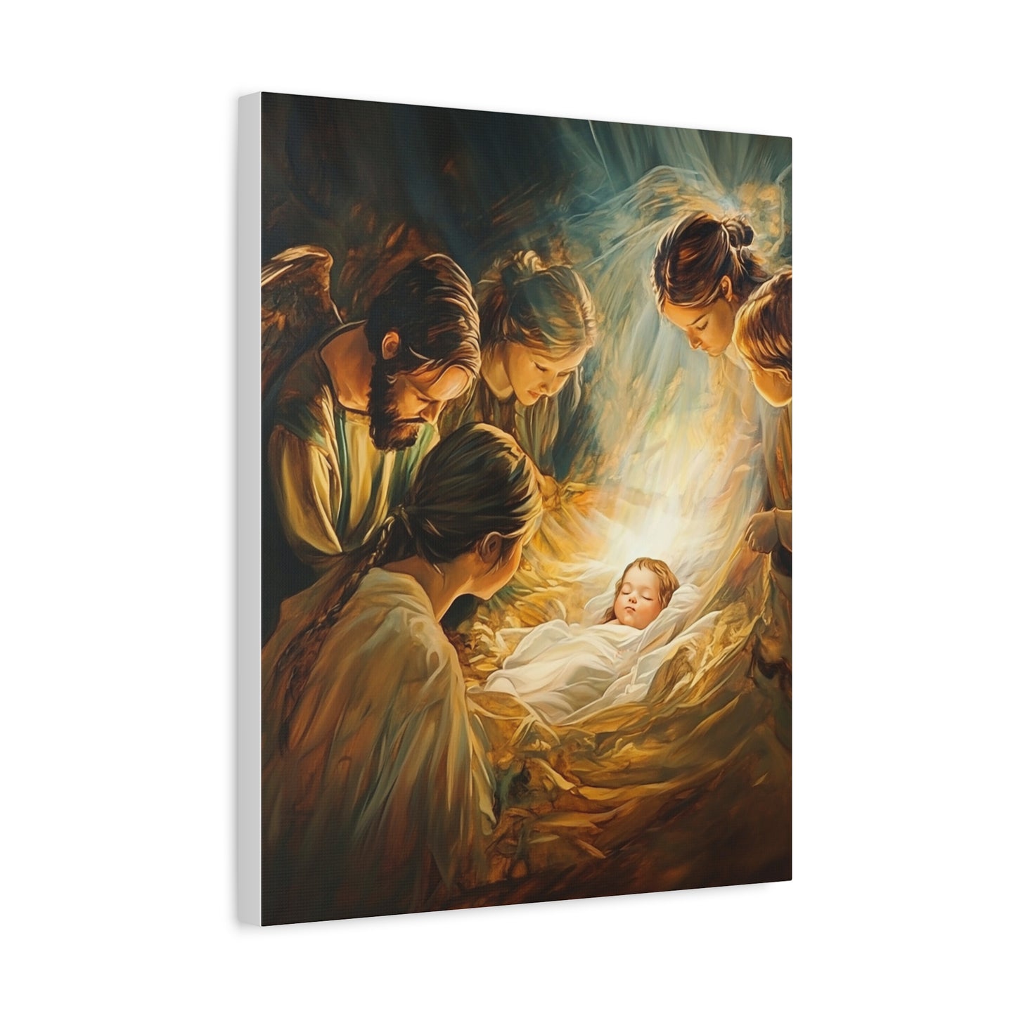 Jesus Nativity w Angels Catholic Canvas Wall Art, Christian Decor