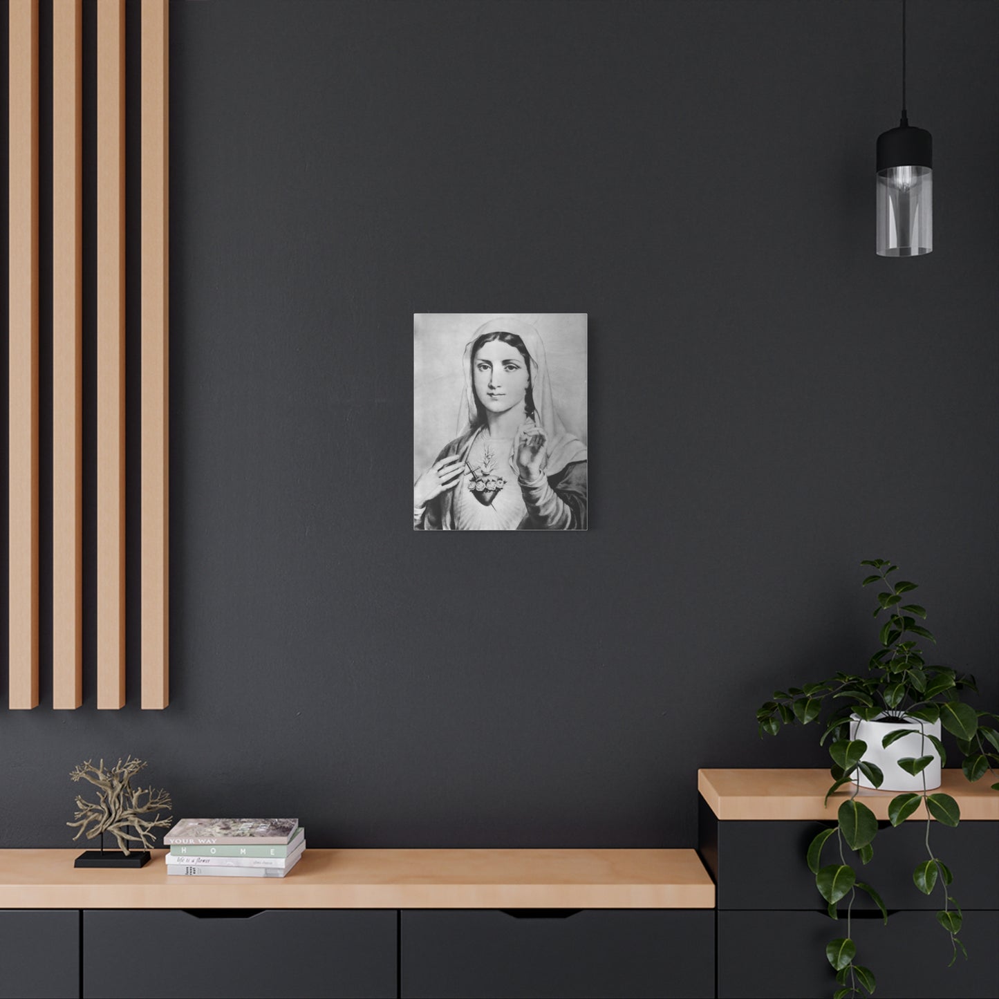 Ready To Hang - Black and White Mother Mary Immaculate Heart Catholic Canvas Wall Art, Christian Decor