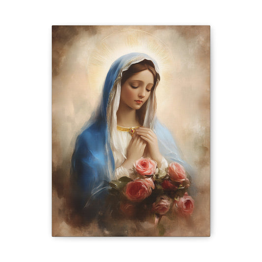 Mother Mary with Roses Catholic Canvas Wall Art, Christian Decor