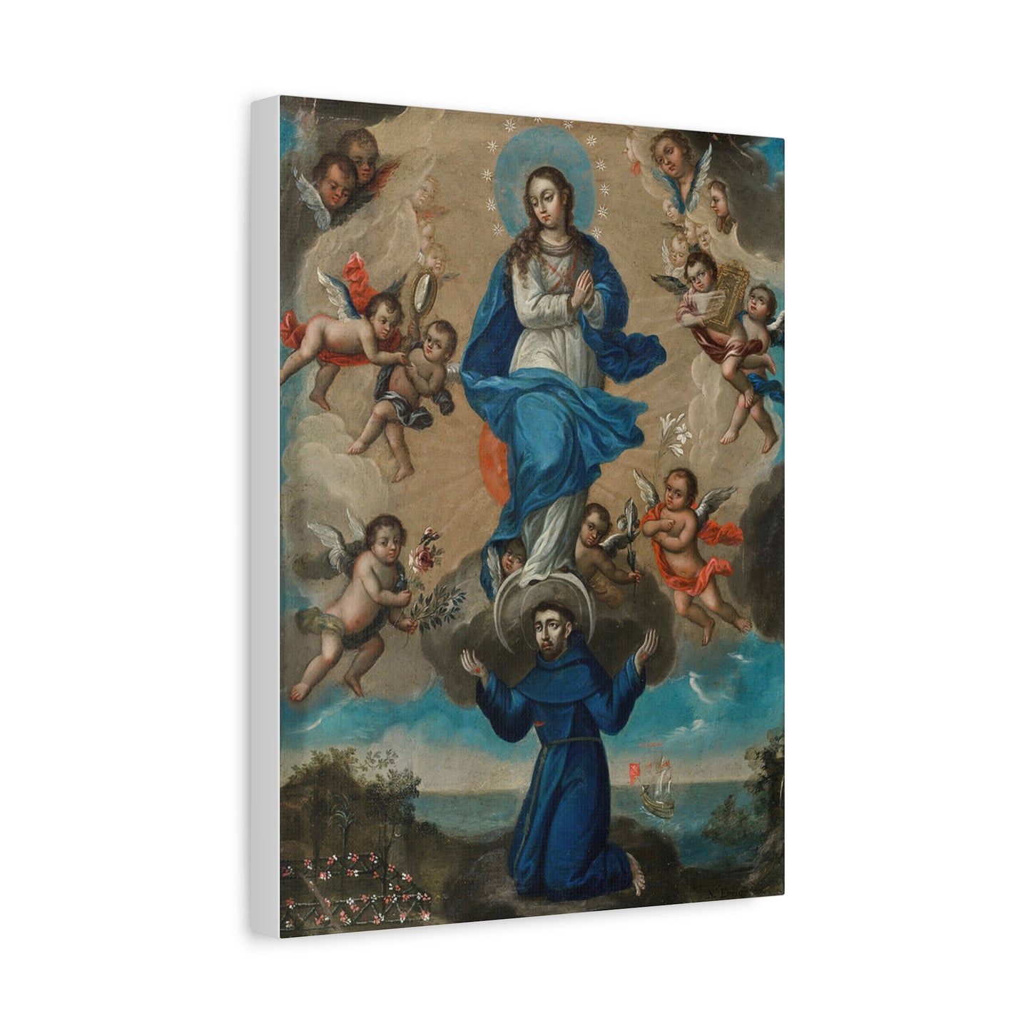 Immaculate Conception with Saint Francis and Angels Catholic HQ Print on Canvas Ready To Hang - Virgin Mary Canvas