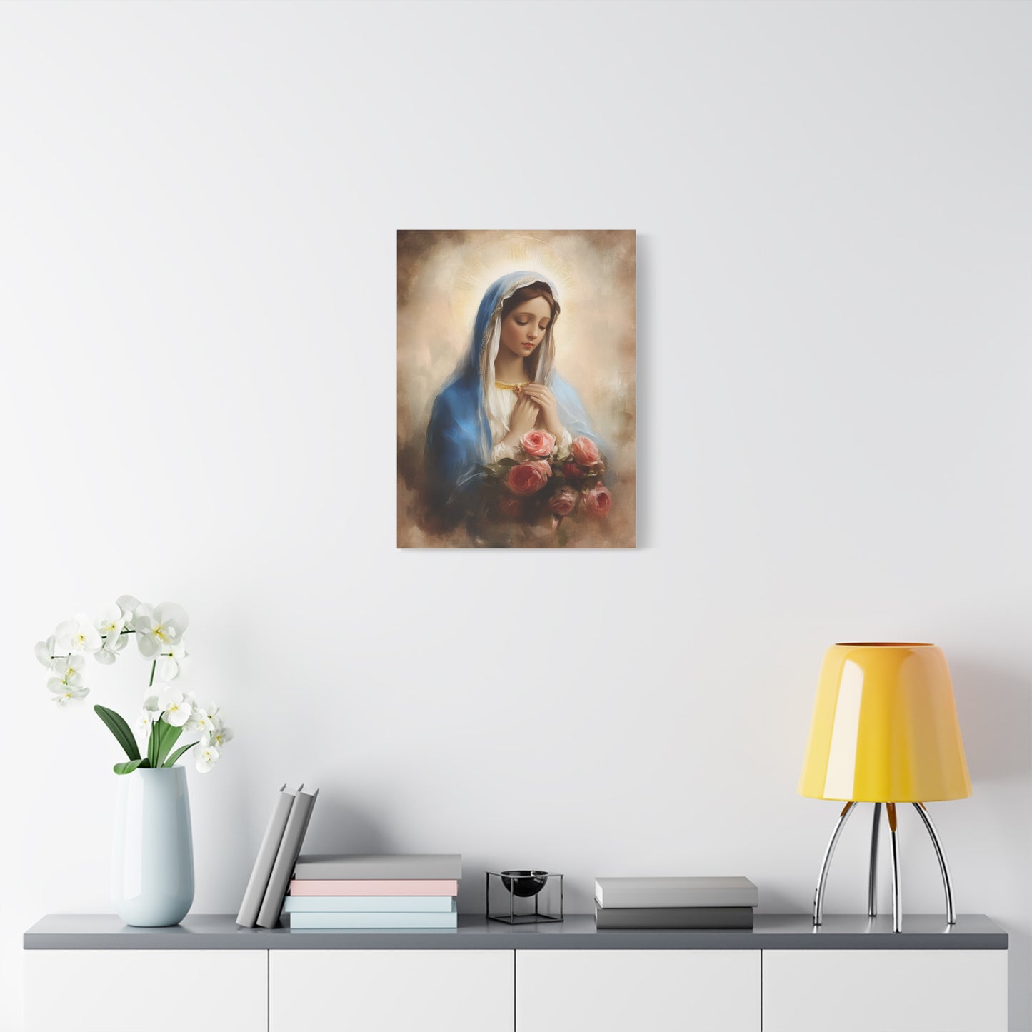 Mother Mary with Roses Catholic Canvas Wall Art, Christian Decor