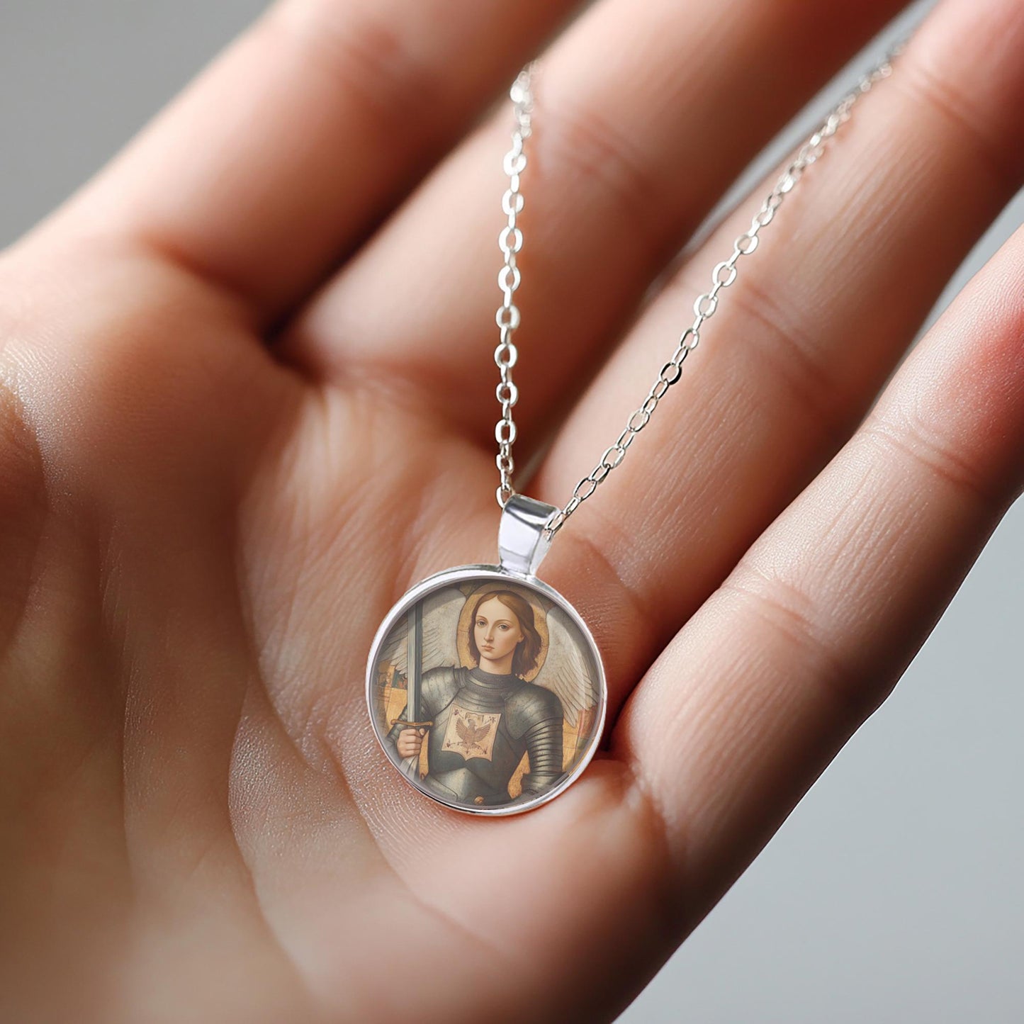 St. Joan of Arc with Sword Religious Necklace Round Medal Pendant