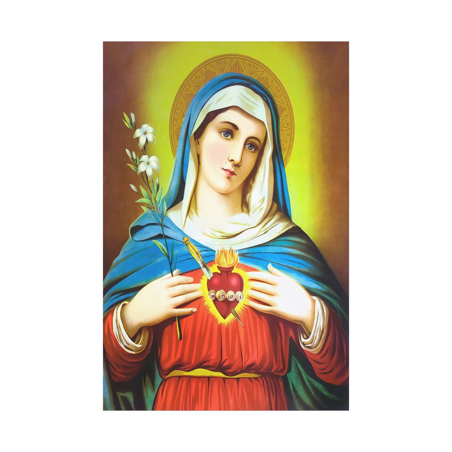Ready To Hang - Mother Mary Immaculate Heart and Lilies Catholic Canvas Wall Art, Christian Decor