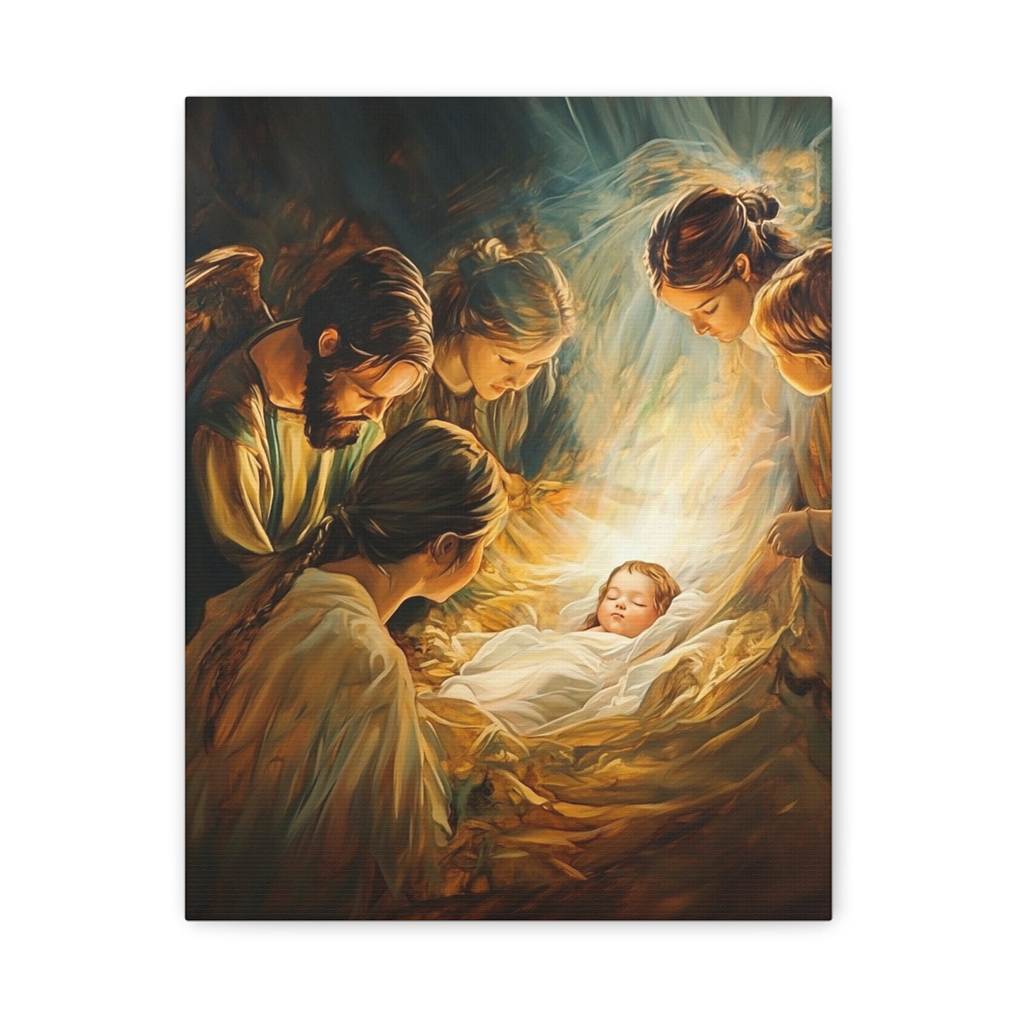 Jesus Nativity w Angels Catholic Canvas Wall Art, Christian Decor