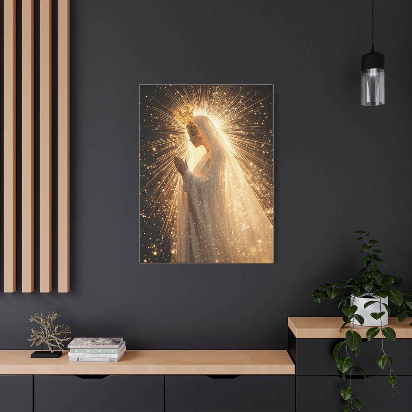 Mother Mary Starry Night Sky Catholic Canvas Wall Art, Christian Decor