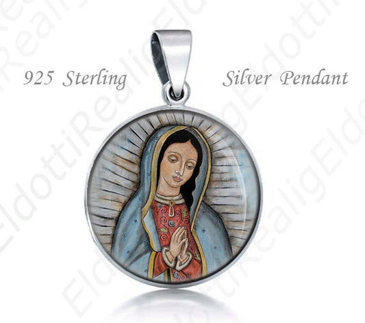 Our Lady Guadalupe Virgin Mary - Religious Christian Medal. Sterling Silver 925 Pendant 20mm