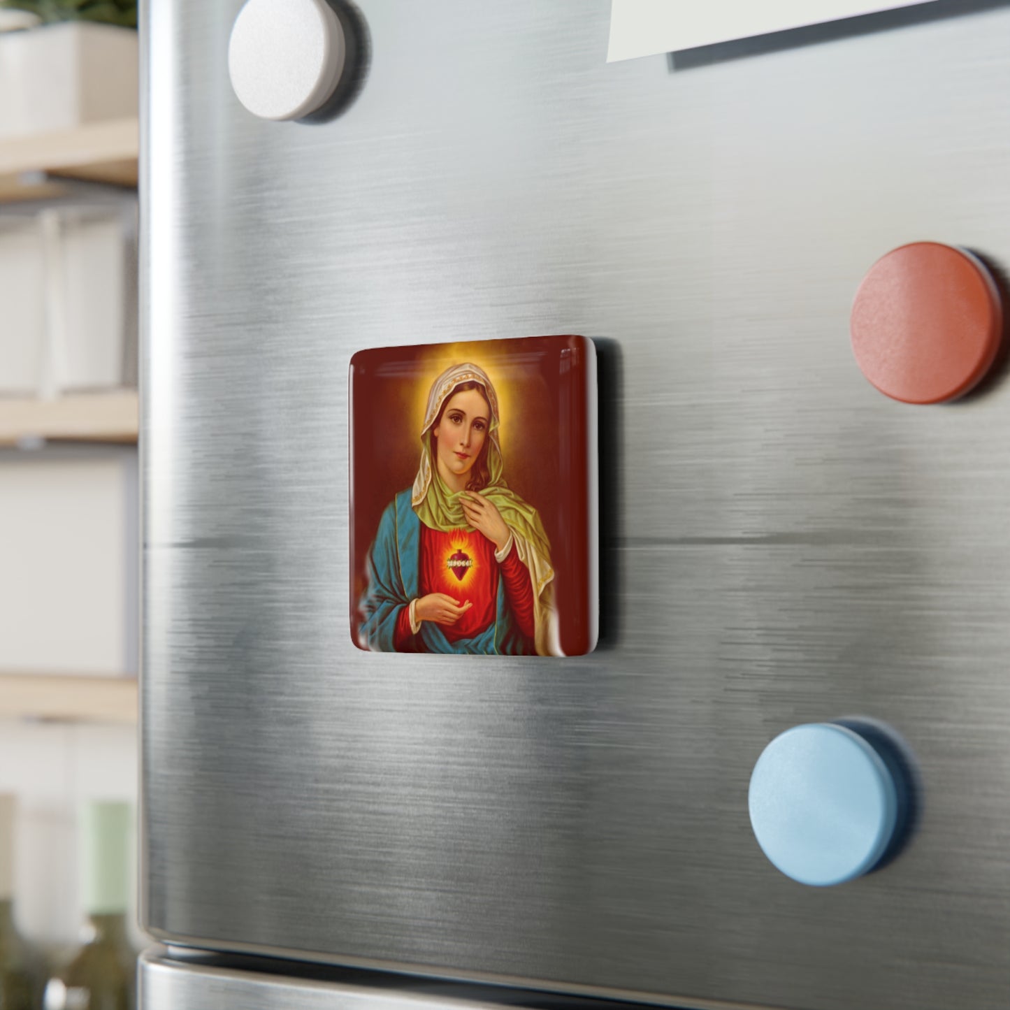 Porcelain Magnet, Square - Immaculate Mary Design, Religious Inspirational Gift, Christian Magnet, Catholic Fridge Decor, Religious Icon
