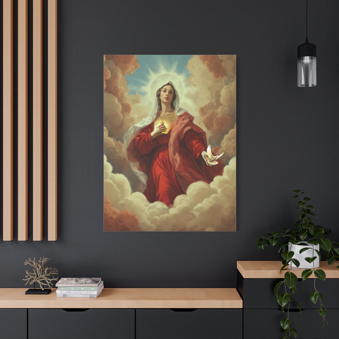 Mother Mary with Dove Heaven Catholic Canvas Wall Art, Christian Decor