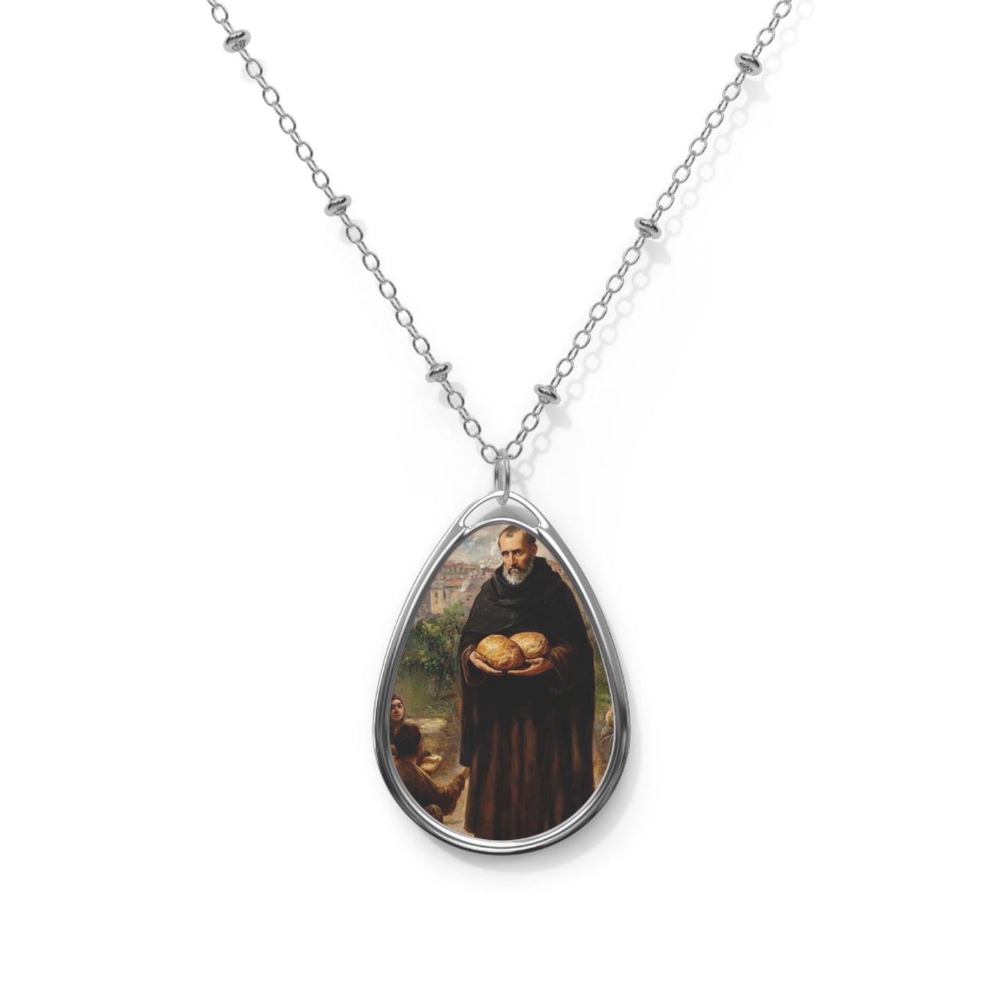 Albert Adam Chmielowski Necklace Drop Oval Pendant Silver Tone Medal