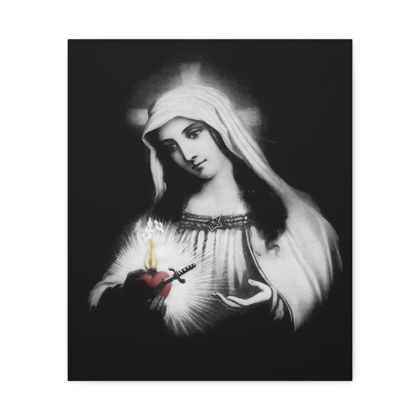 Ready To Hang - Mother Mary Immaculate Heart Catholic Sorrowful Mary Canvas Wall Art, Christian Decor Black and White