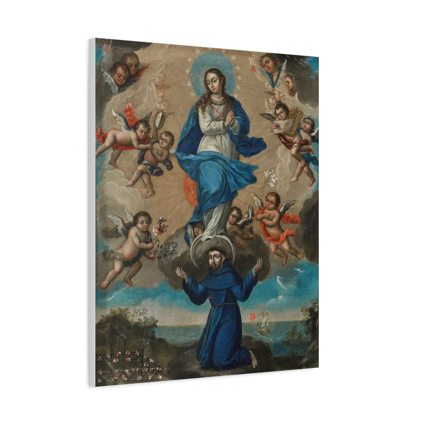 Immaculate Conception with Saint Francis and Angels Catholic HQ Print on Canvas Ready To Hang - Virgin Mary Canvas
