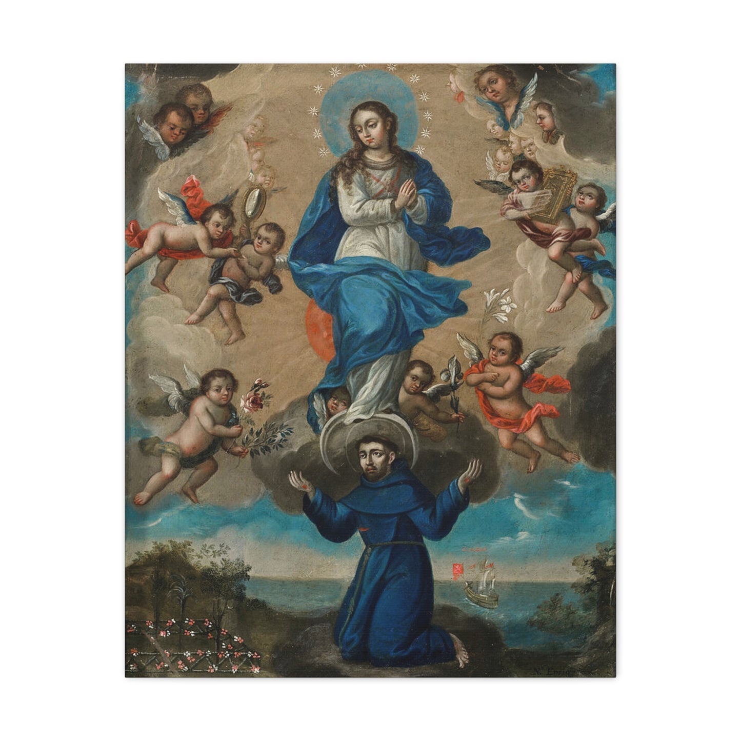 Immaculate Conception with Saint Francis and Angels Catholic HQ Print on Canvas Ready To Hang - Virgin Mary Canvas