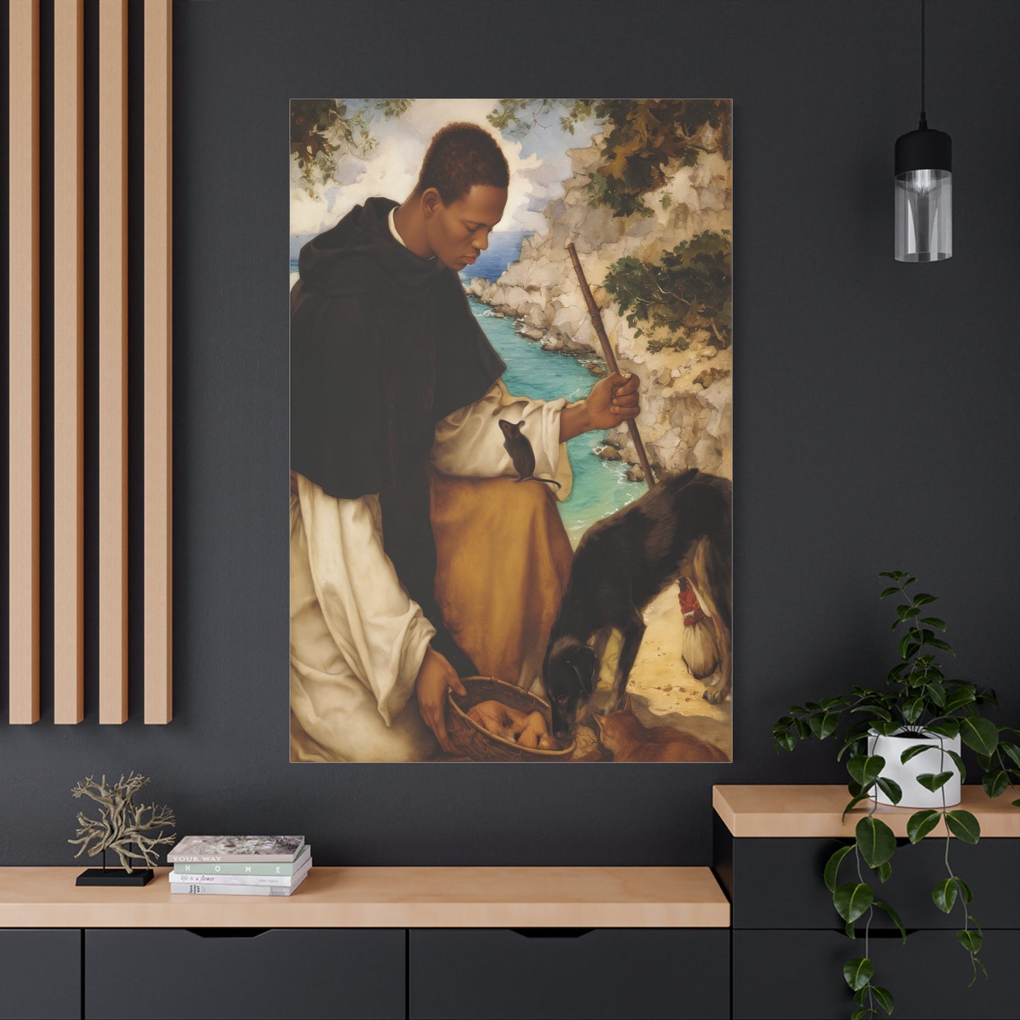 Ready To Hang - St. Martin de Porres with Mouse and Dog Catholic Canvas Wall Art - Christian Decor