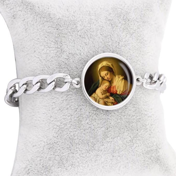 Our Lady Our Blessed Mother Mary And Baby Jesus Curb Bracelet Gold or Silver tone Religious Jewelry Simple Chain