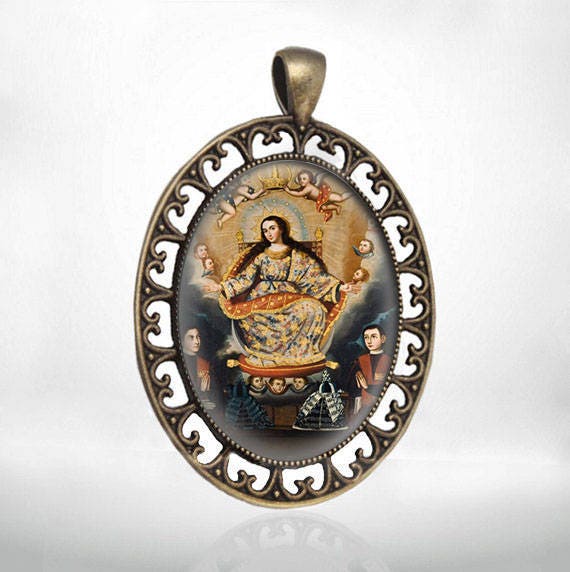 Holy Queen Virgin Mary Mother of God Medal Bronze Tone Catholic Christian Jewelry Oval Pendant