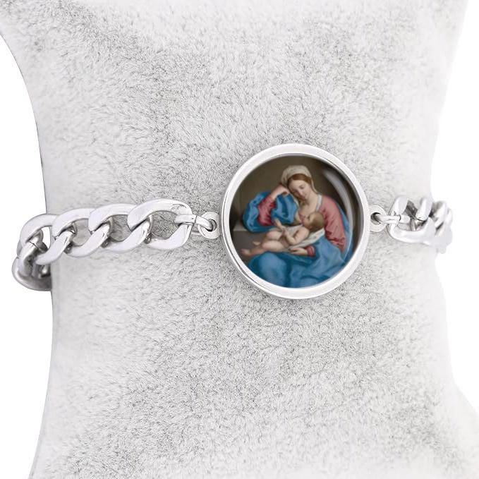 Our Lady Madonna With The Infant Christ Child Curb Bracelet Gold or Silver tone Religious Jewelry Simple Chain