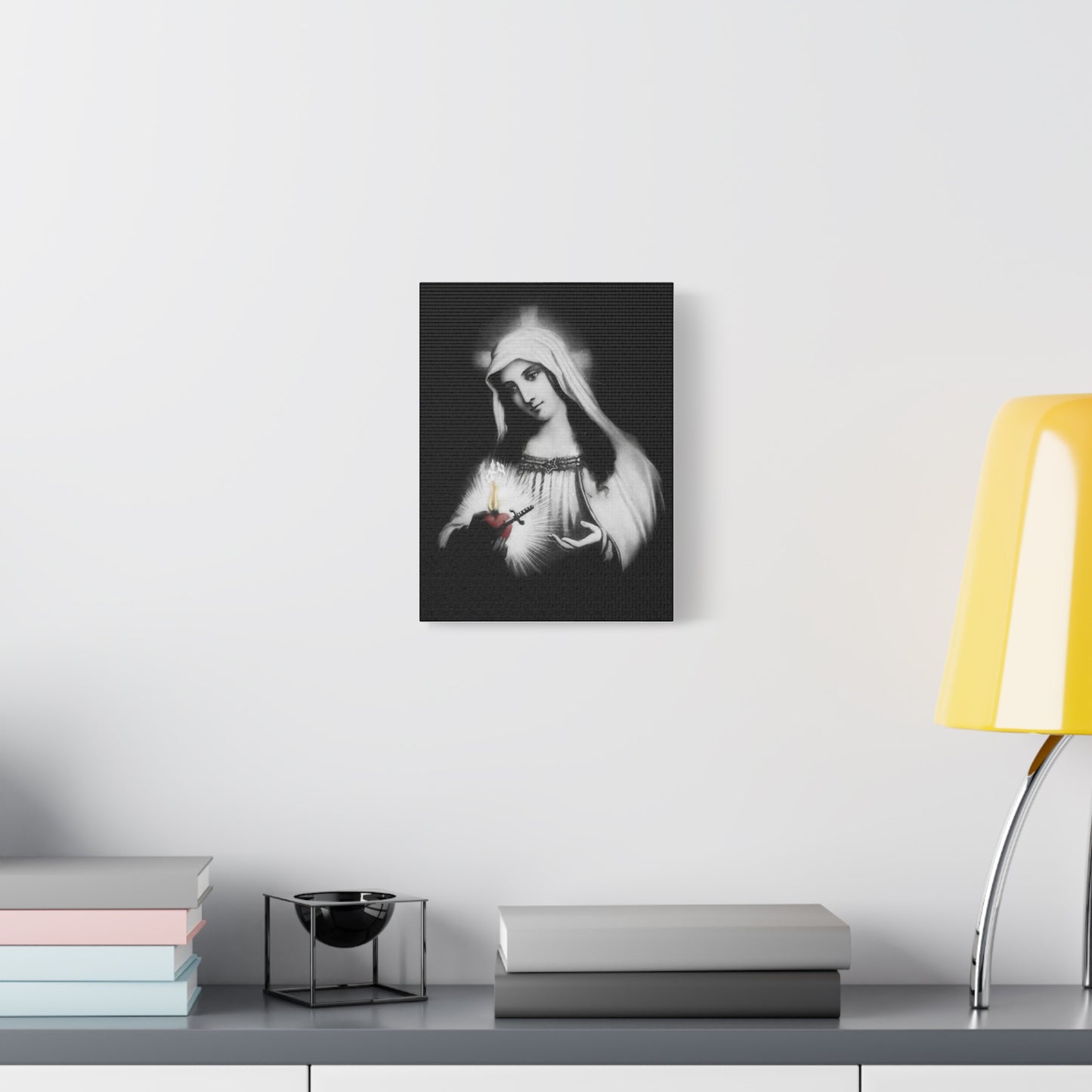 Ready To Hang - Mother Mary Immaculate Heart Catholic Sorrowful Mary Canvas Wall Art, Christian Decor Black and White