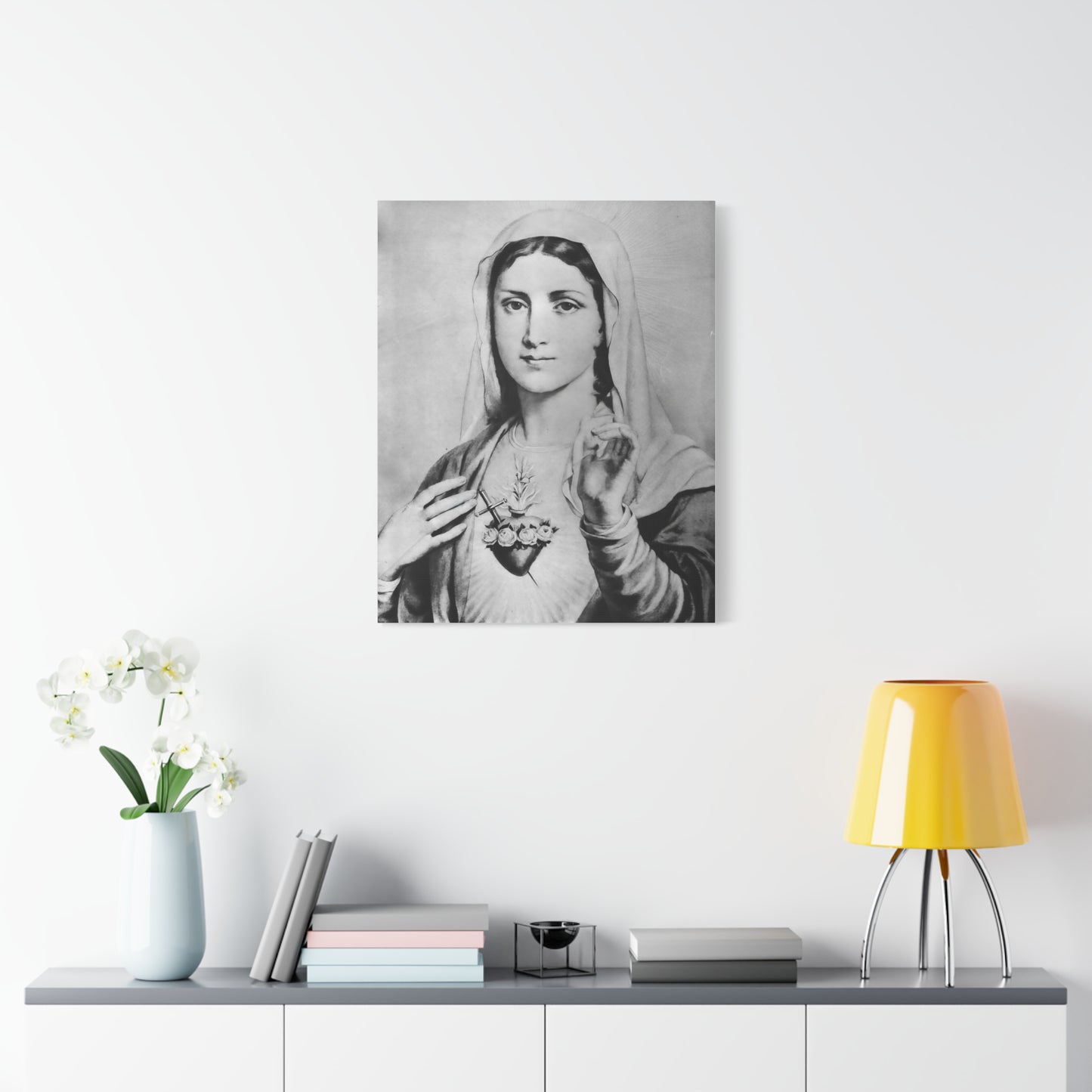 Ready To Hang - Black and White Mother Mary Immaculate Heart Catholic Canvas Wall Art, Christian Decor