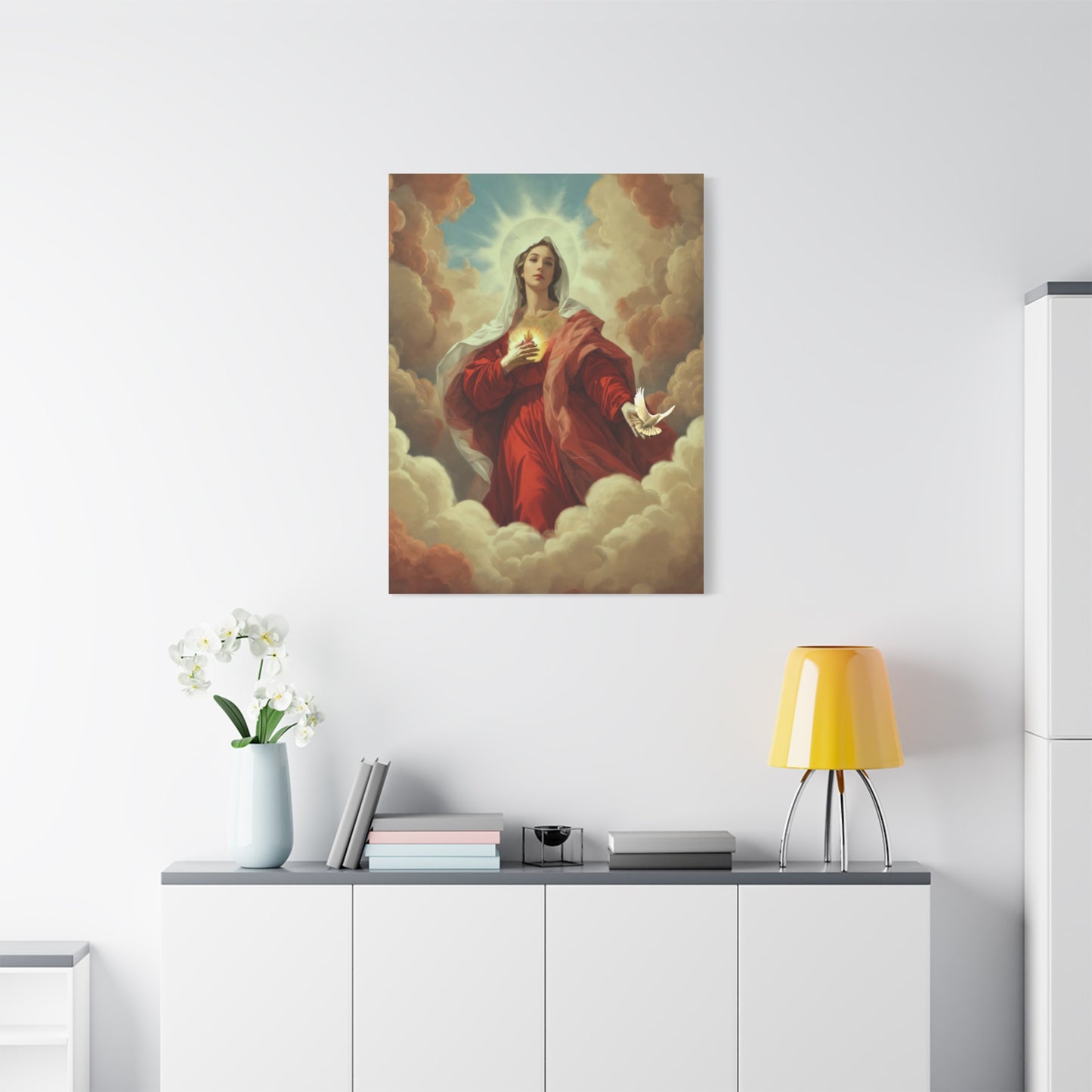 Mother Mary with Dove Heaven Catholic Canvas Wall Art, Christian Decor