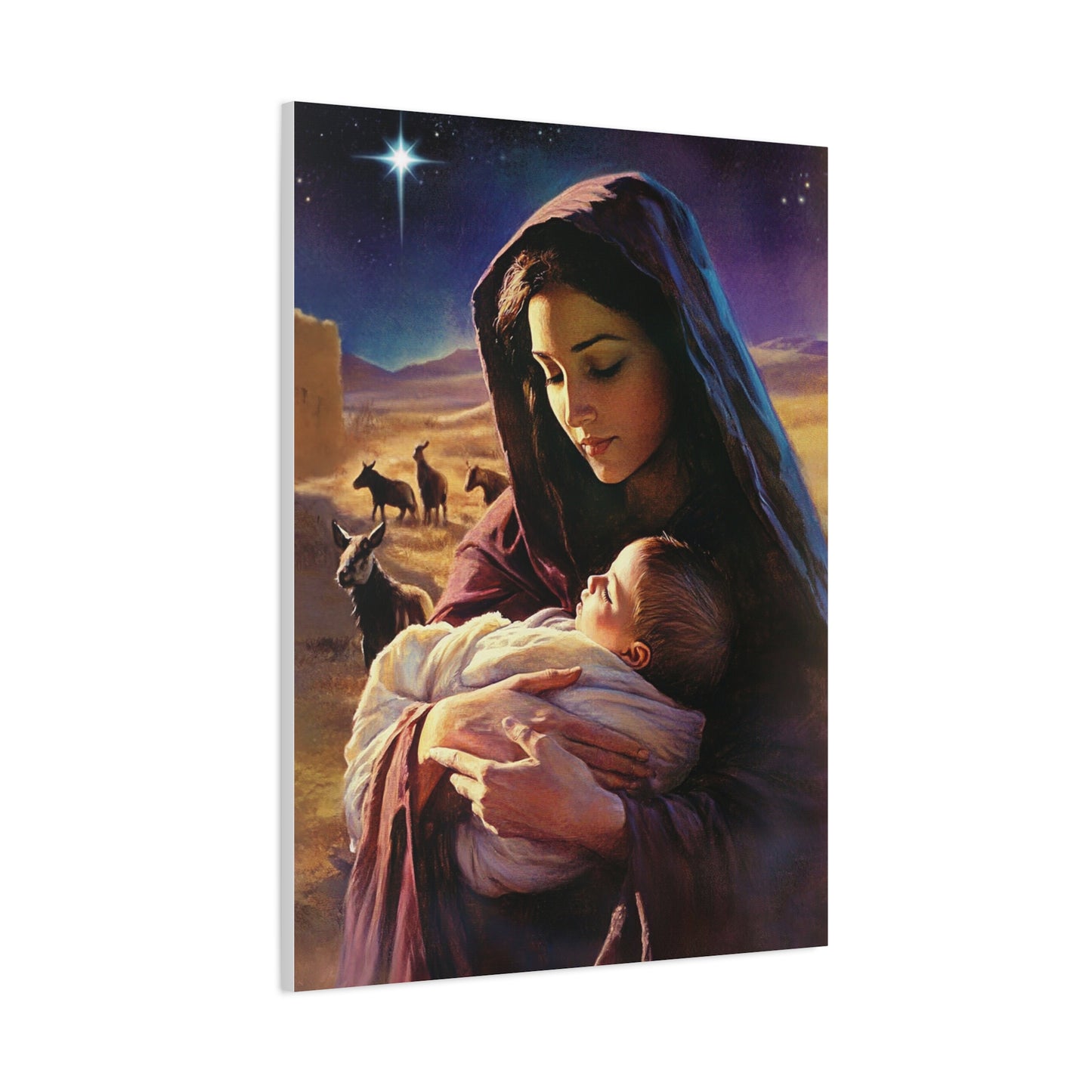 Mother Mary and Newborn Jesus Nativity Star Catholic Canvas Wall Art, Christian Decor