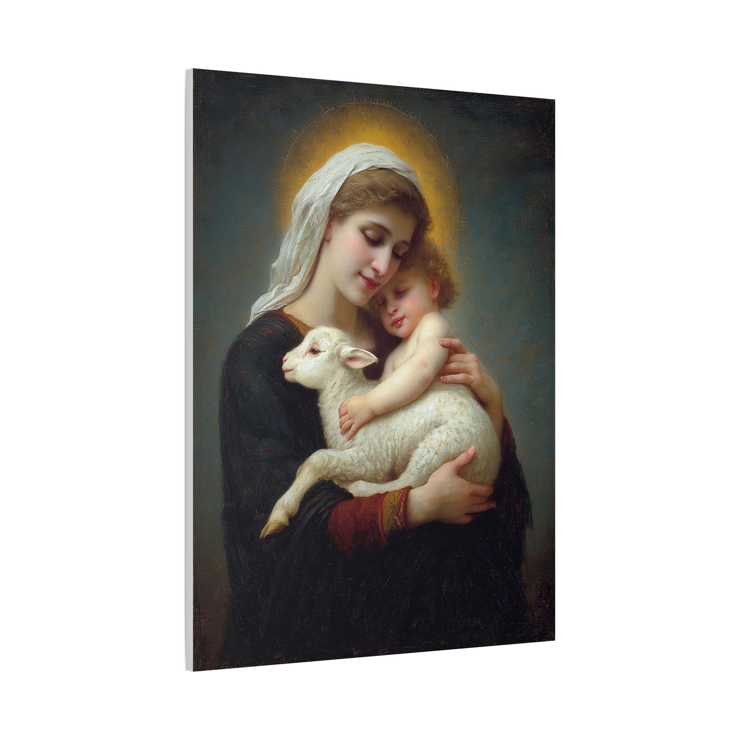 Mother Mary with Baby Jesus and Lamb Catholic Canvas Wall Art, Christian Decor