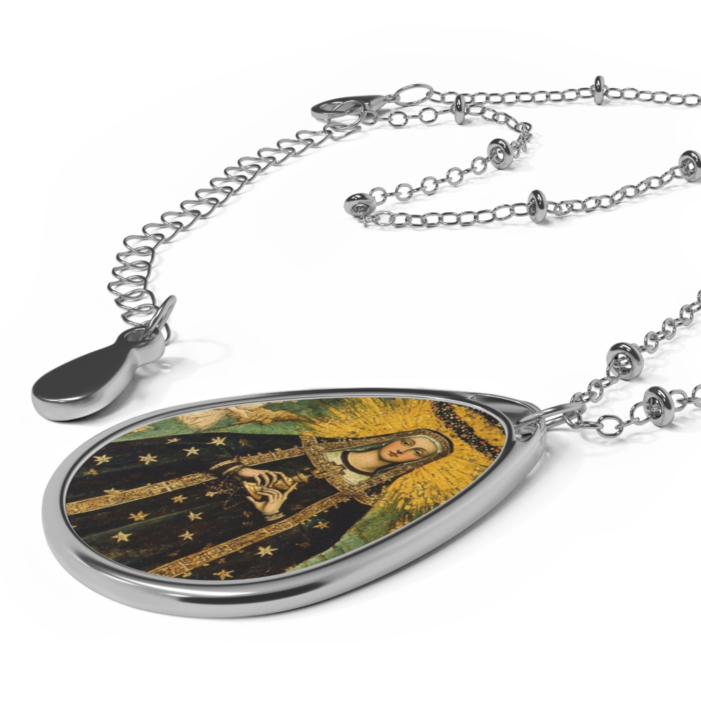 St Aldegunais (St Alda) Necklace Drop Oval Pendant Silver Tone Medal