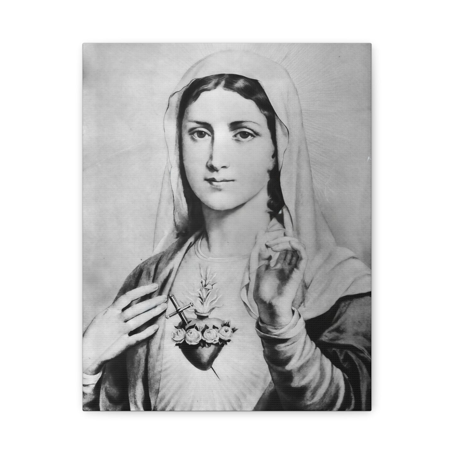 Ready To Hang - Black and White Mother Mary Immaculate Heart Catholic Canvas Wall Art, Christian Decor
