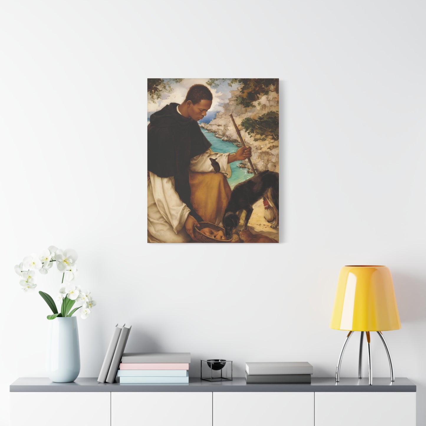 Ready To Hang - St. Martin de Porres with Mouse and Dog Catholic Canvas Wall Art - Christian Decor