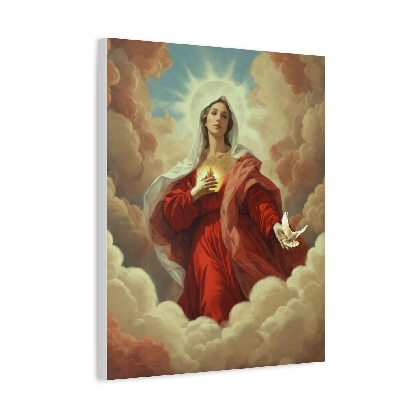 Mother Mary with Dove Heaven Catholic Canvas Wall Art, Christian Decor