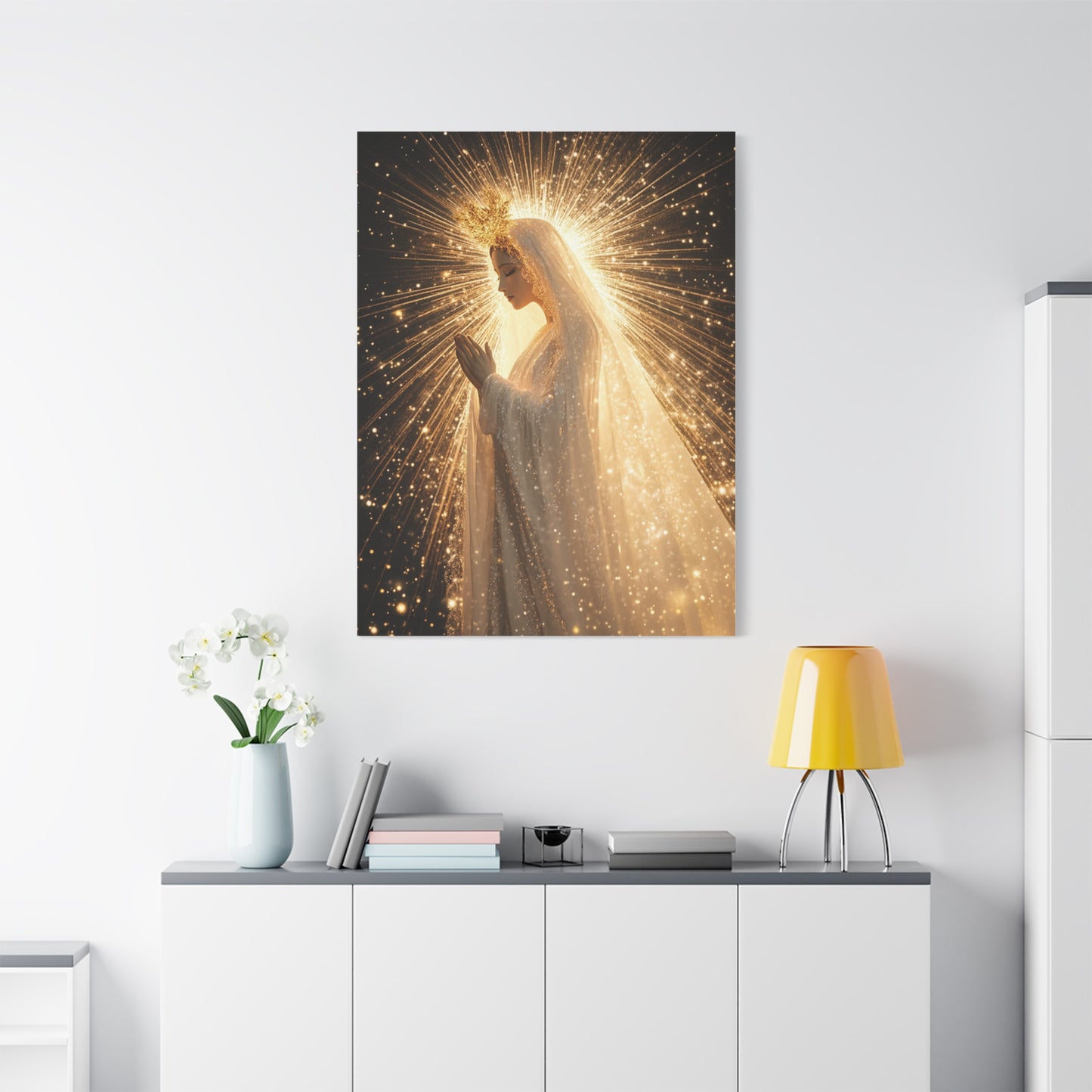 Mother Mary Starry Night Sky Catholic Canvas Wall Art, Christian Decor
