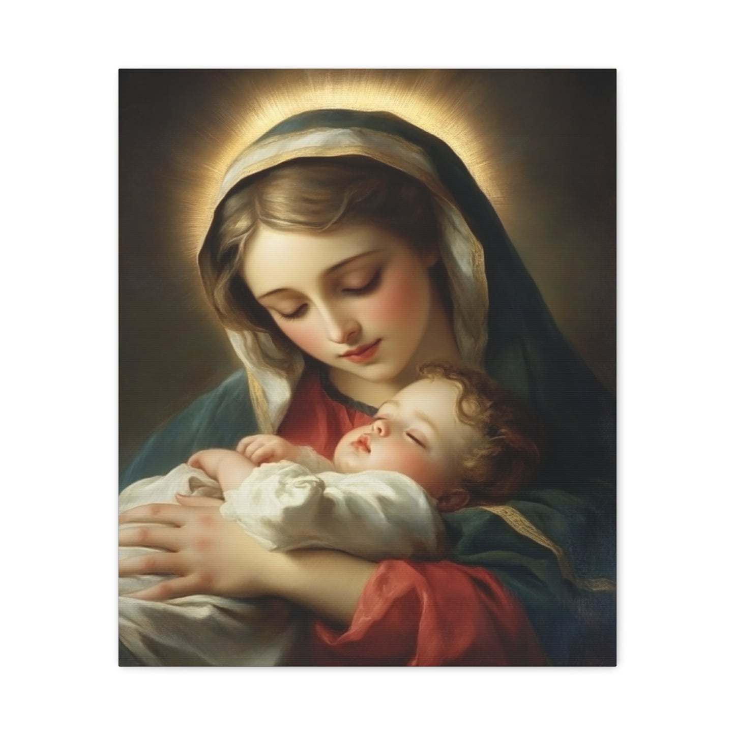 Mary and Sleeping Baby Jesus Catholic Canvas Wall Art, Christian Decor