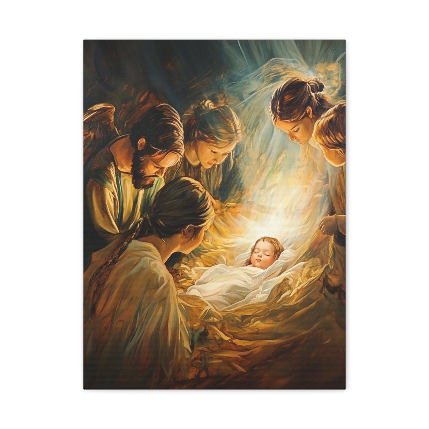 Jesus Nativity w Angels Catholic Canvas Wall Art, Christian Decor