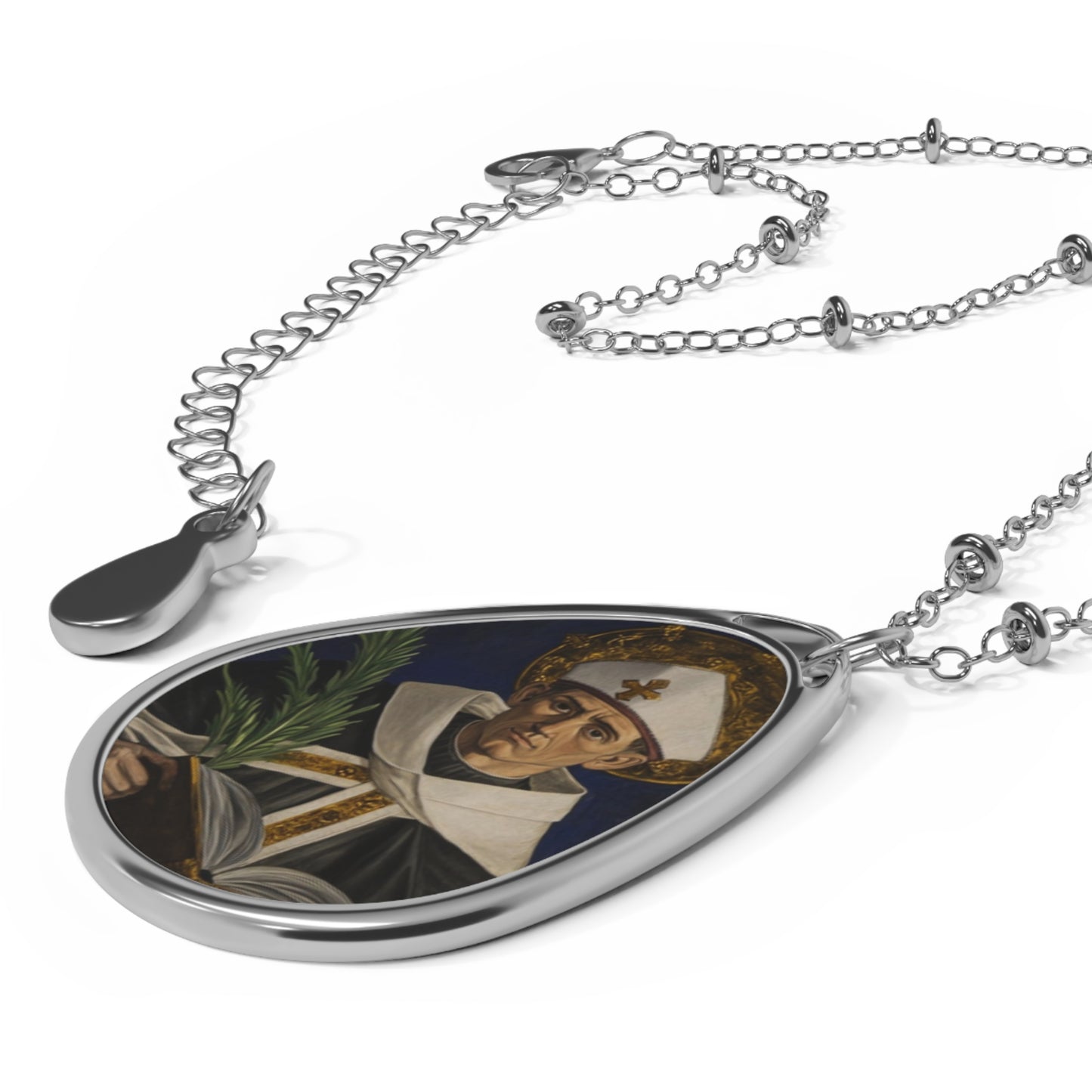 Albert the Great Necklace Drop Oval Pendant Silver Tone Medal