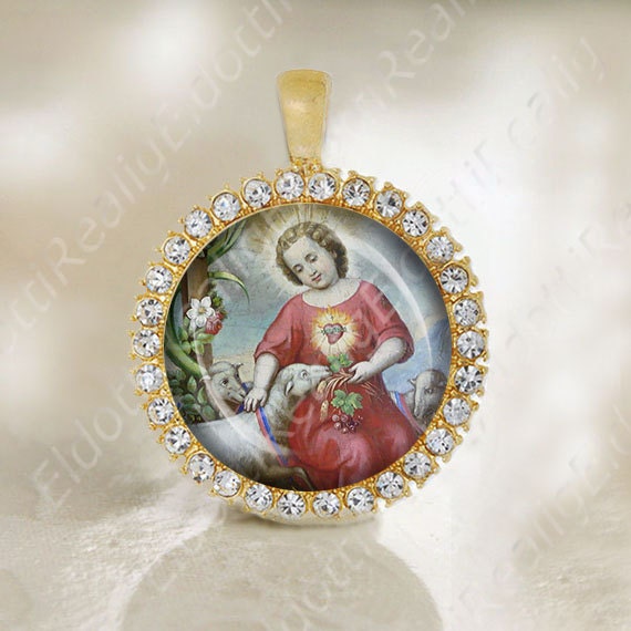 Child Jesus Sacred Heart and Lamb Medal Catholic Gold Tone Religious Jewelry