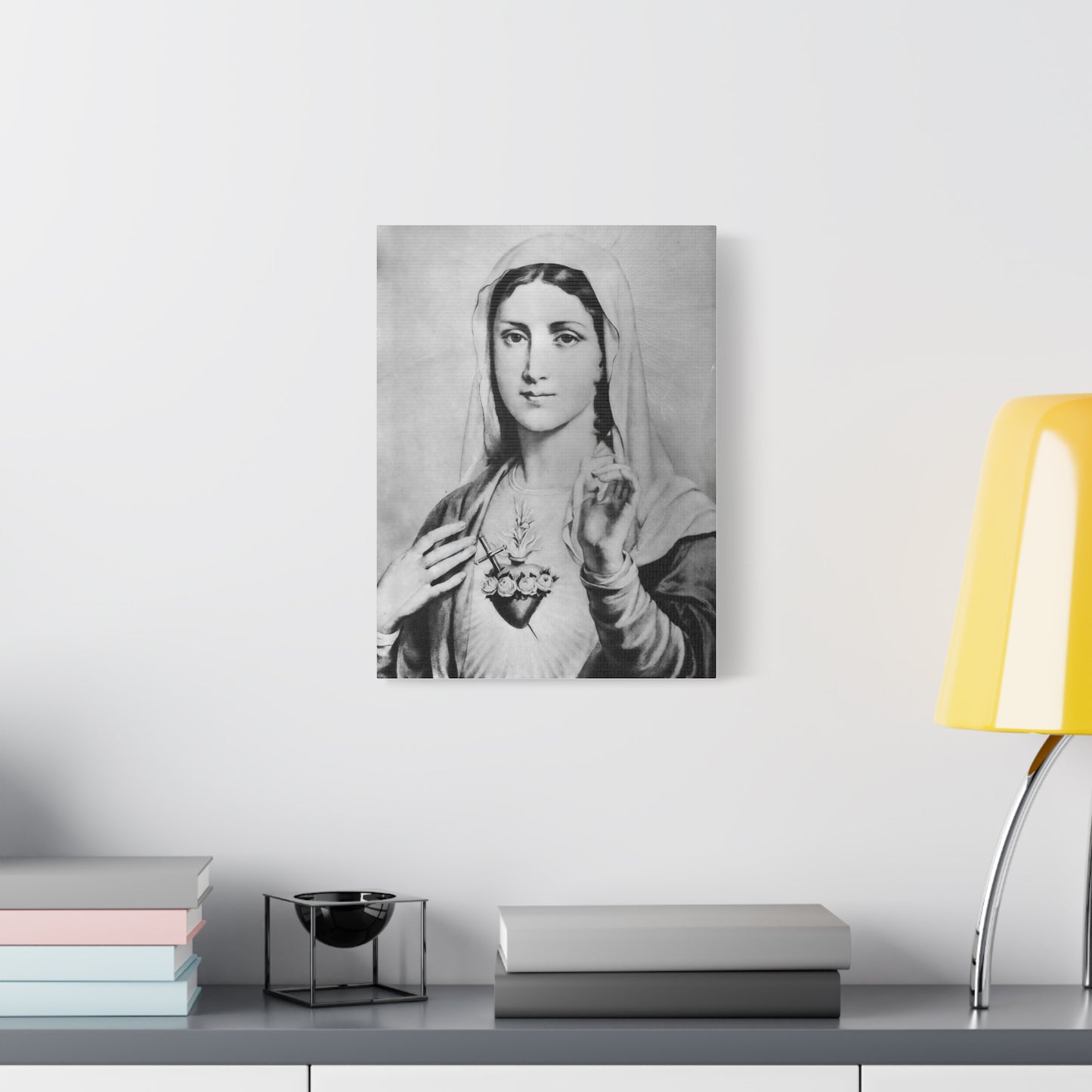 Ready To Hang - Black and White Mother Mary Immaculate Heart Catholic Canvas Wall Art, Christian Decor