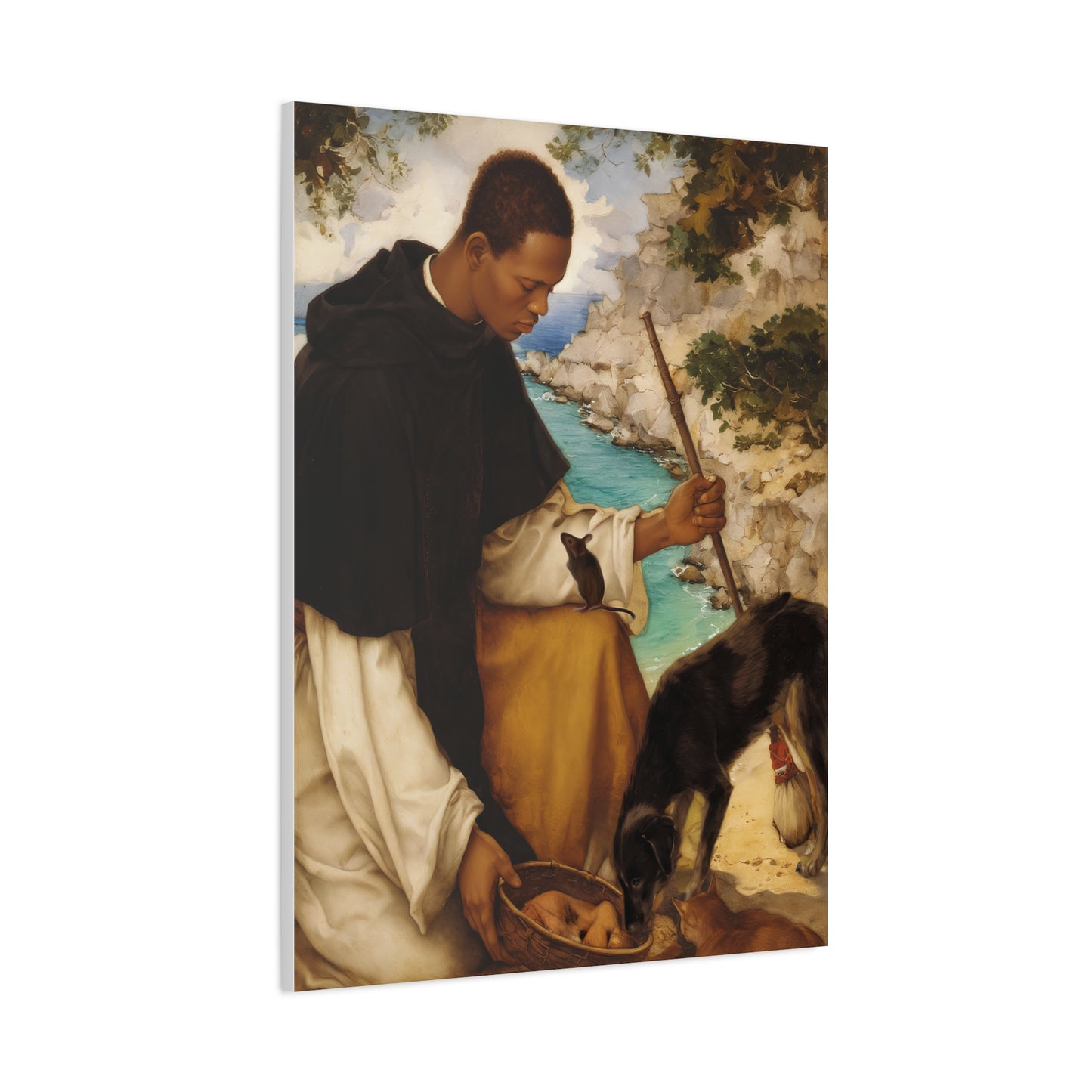 Ready To Hang - St. Martin de Porres with Mouse and Dog Catholic Canvas Wall Art - Christian Decor