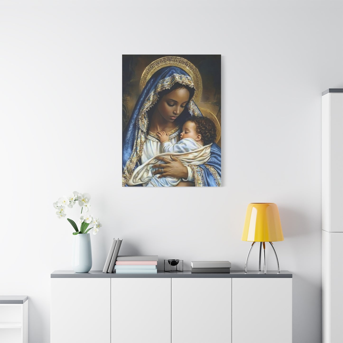 Black Mary African Mother with Baby Jesus Catholic Canvas Wall Art, Christian Decor