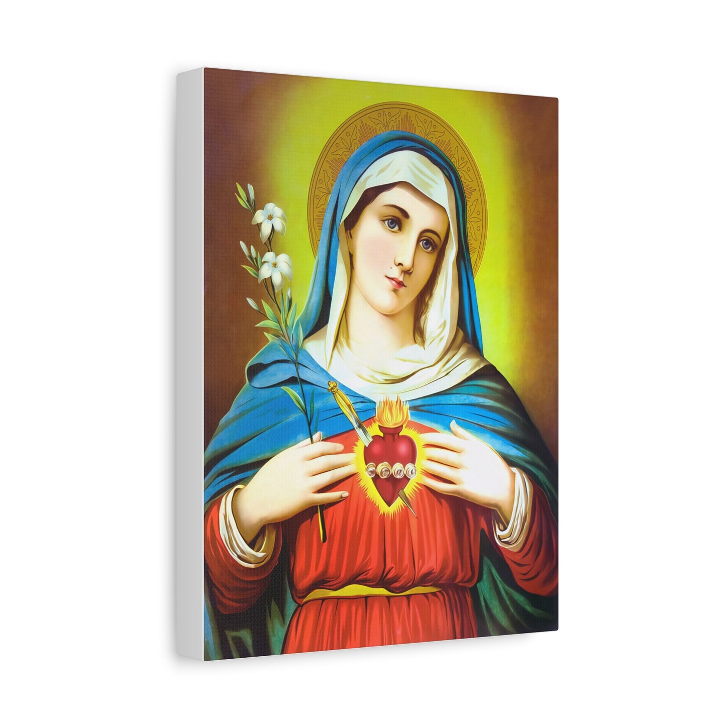 Ready To Hang - Mother Mary Immaculate Heart and Lilies Catholic Canvas Wall Art, Christian Decor