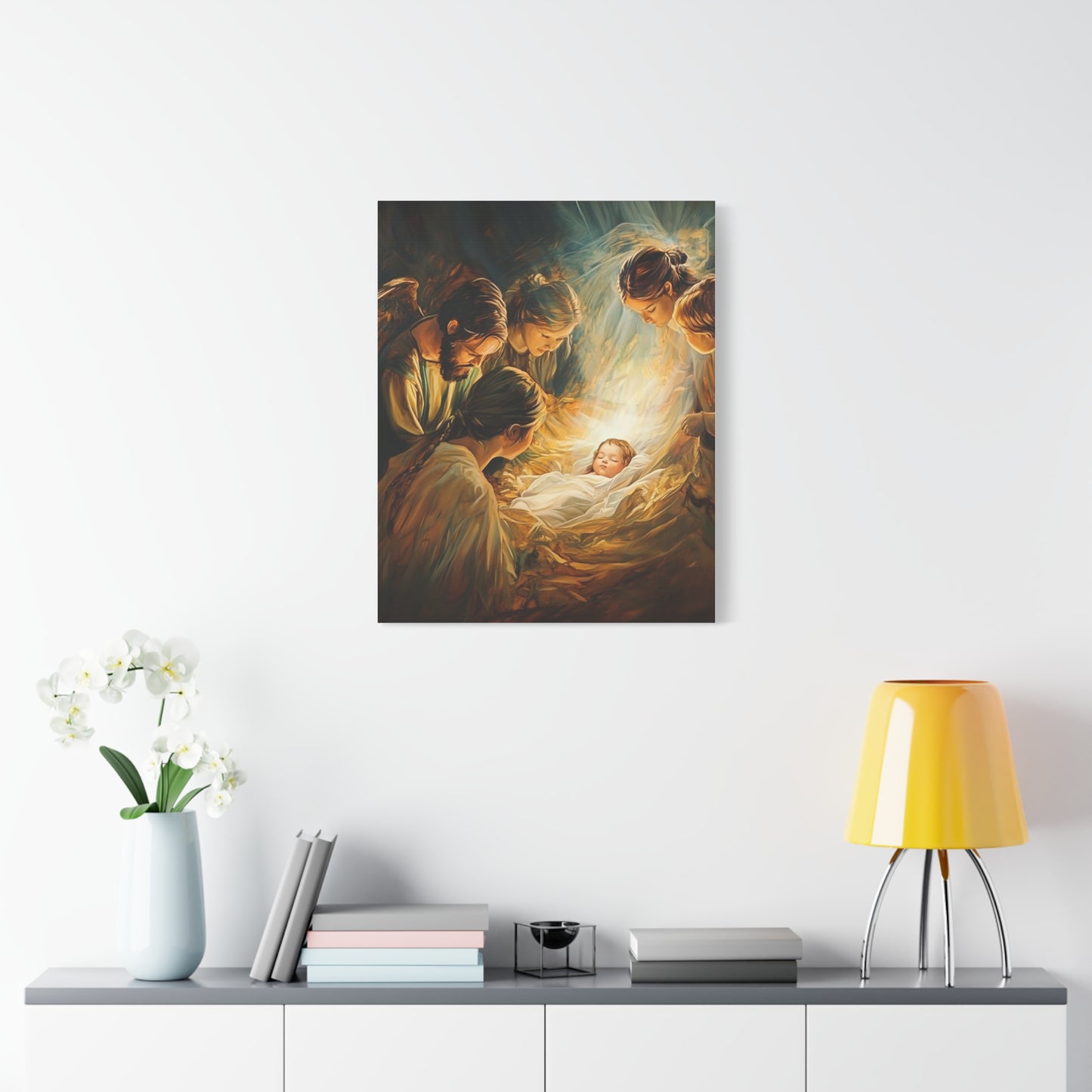 Jesus Nativity w Angels Catholic Canvas Wall Art, Christian Decor
