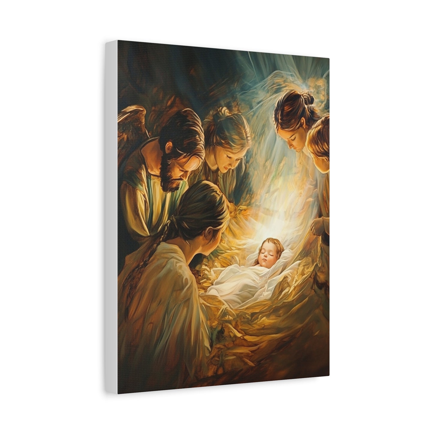 Jesus Nativity w Angels Catholic Canvas Wall Art, Christian Decor