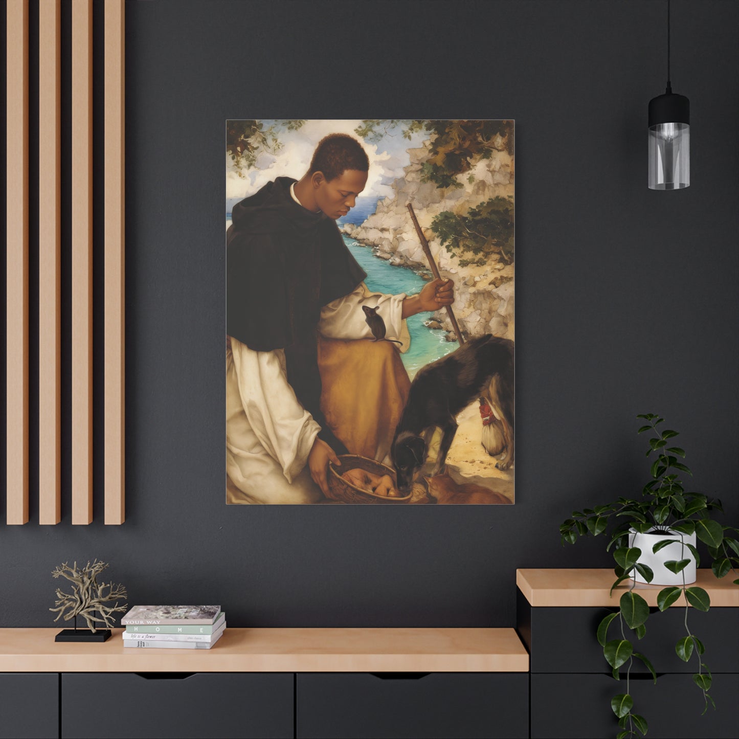 Ready To Hang - St. Martin de Porres with Mouse and Dog Catholic Canvas Wall Art - Christian Decor