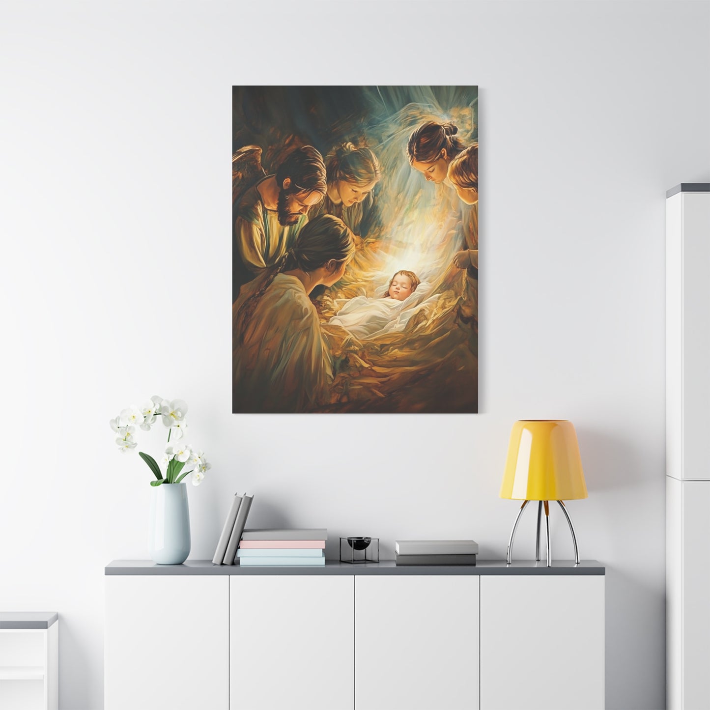 Jesus Nativity w Angels Catholic Canvas Wall Art, Christian Decor