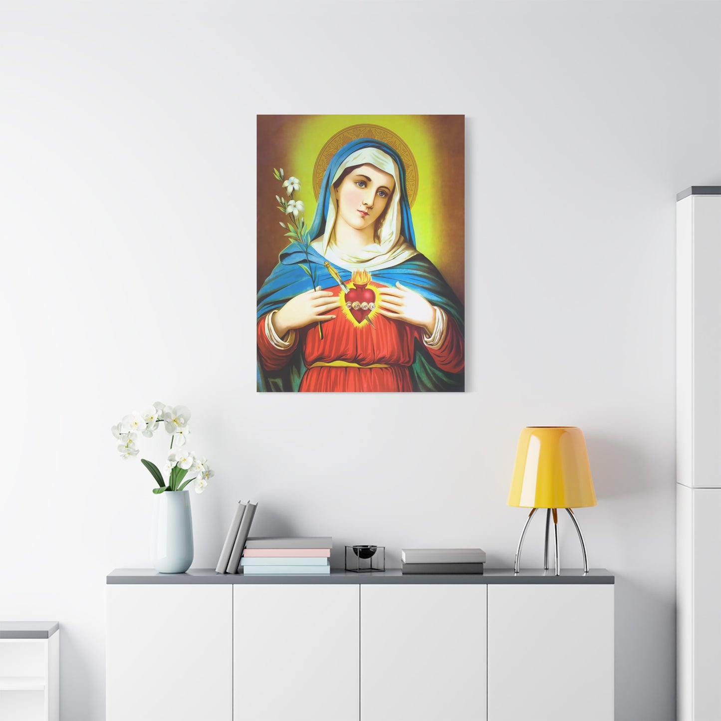 Ready To Hang - Mother Mary Immaculate Heart and Lilies Catholic Canvas Wall Art, Christian Decor