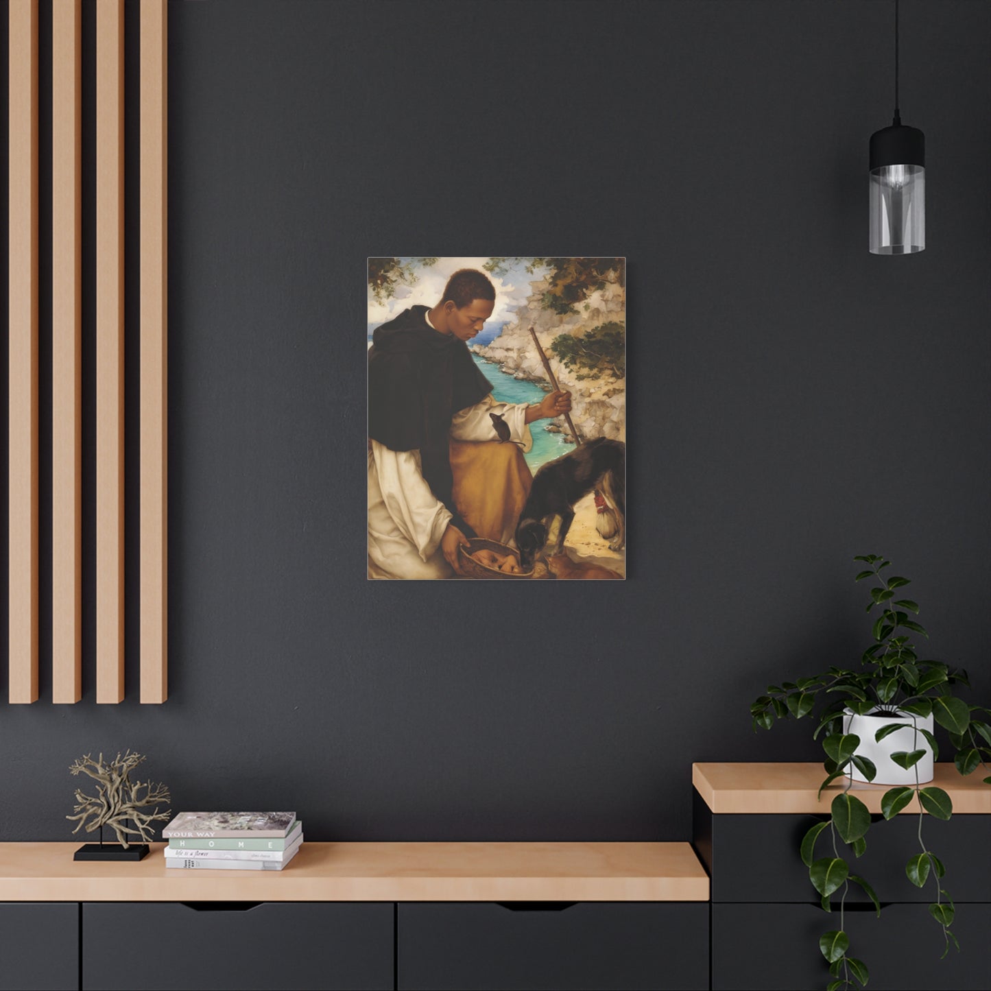 Ready To Hang - St. Martin de Porres with Mouse and Dog Catholic Canvas Wall Art - Christian Decor