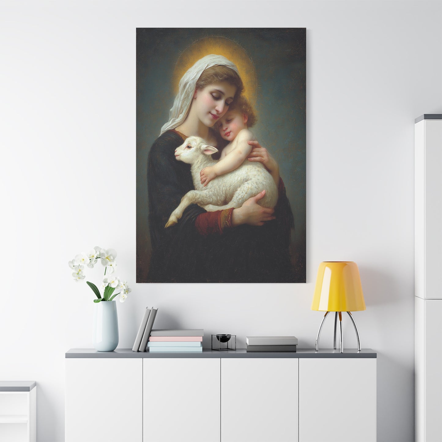Mother Mary with Baby Jesus and Lamb Catholic Canvas Wall Art, Christian Decor