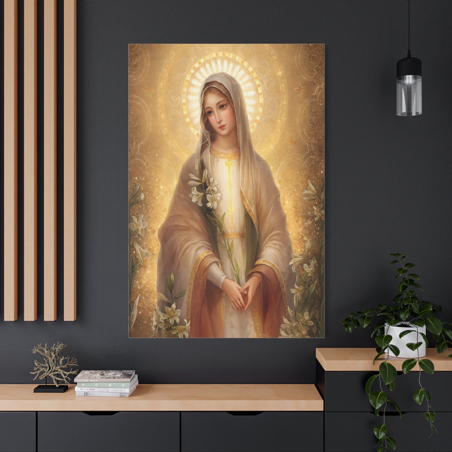 Ready to Hang - Mother Mary Our Lady of the Lilies Catholic Canvas Wall Art, Christian Decor