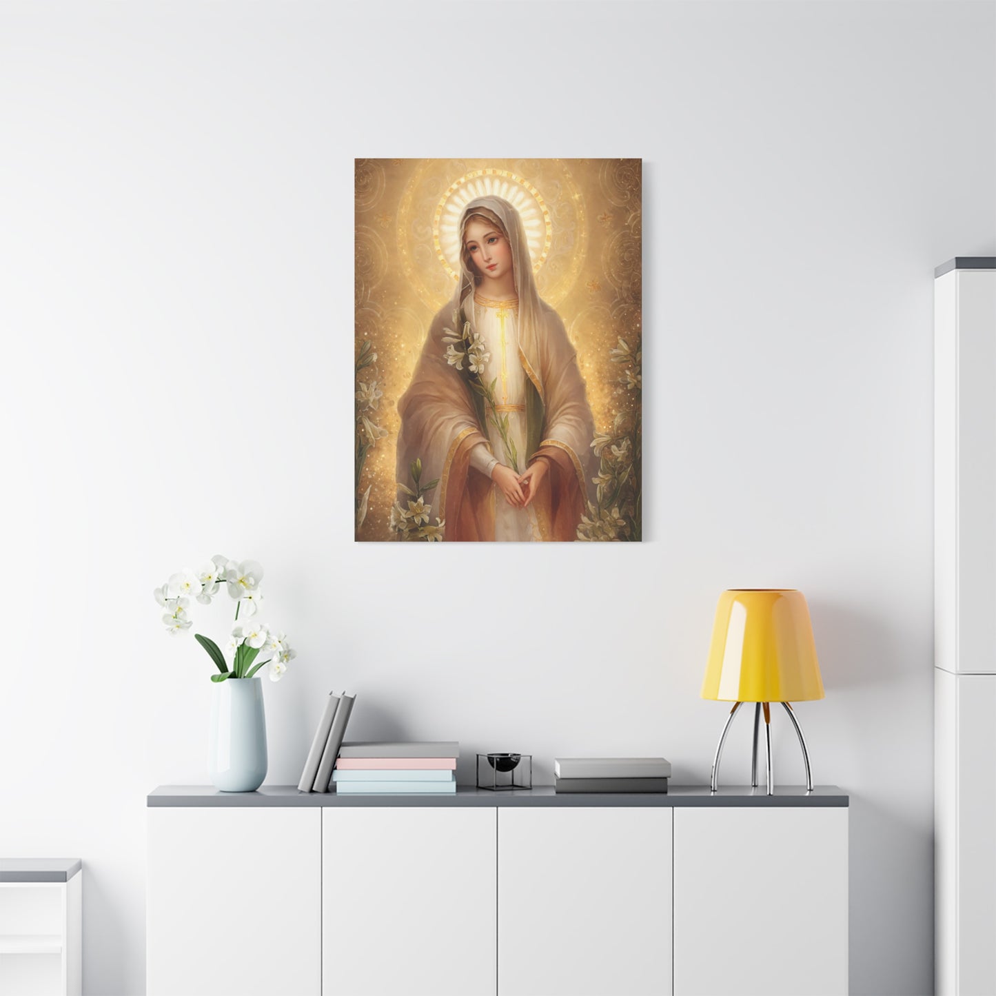 Ready to Hang - Mother Mary Our Lady of the Lilies Catholic Canvas Wall Art, Christian Decor