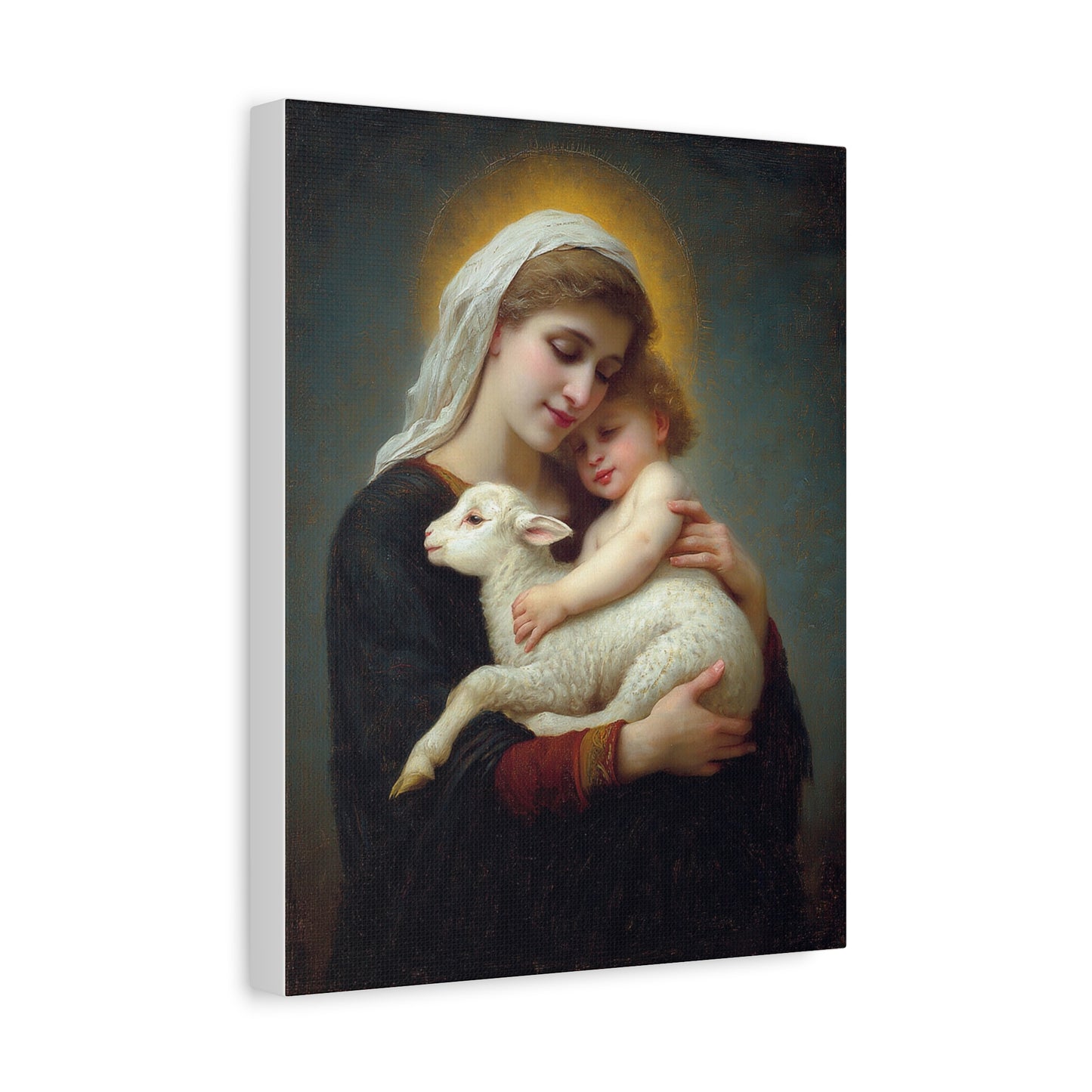 Mother Mary with Baby Jesus and Lamb Catholic Canvas Wall Art, Christian Decor
