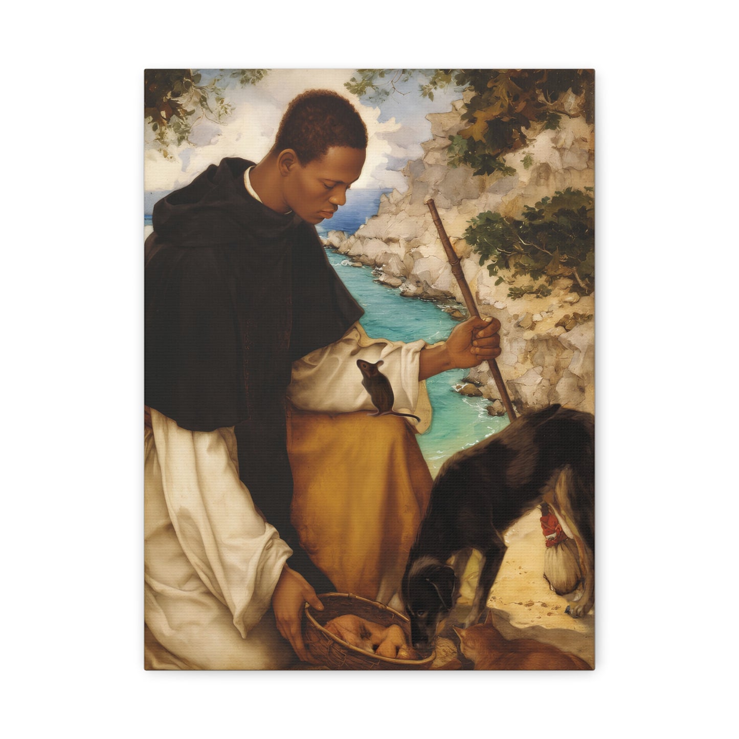 Ready To Hang - St. Martin de Porres with Mouse and Dog Catholic Canvas Wall Art - Christian Decor